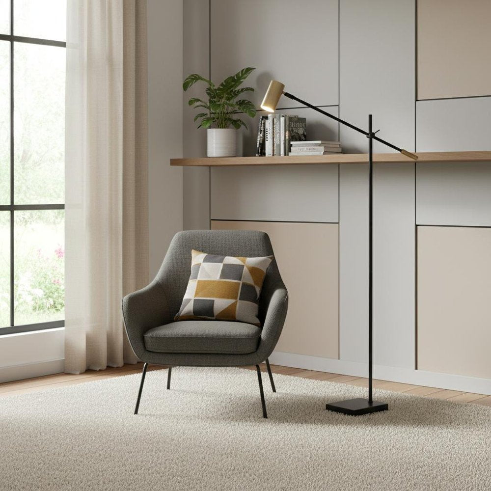 63" Black And Gold Adjustable LED Task Floor Lamp With Antiqued Brass Metal Cylinder Shade HomeRoots