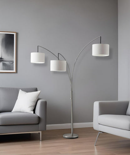 74" Silver Three Light Tree Floor Lamp With White Linen Drum Shade HomeRoots