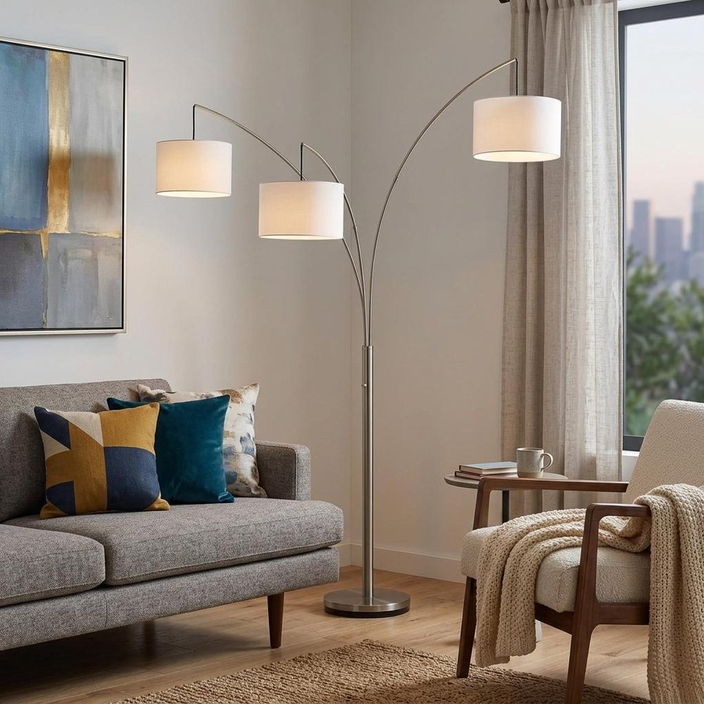 74" Silver Three Light Tree Floor Lamp With White Linen Drum Shade HomeRoots