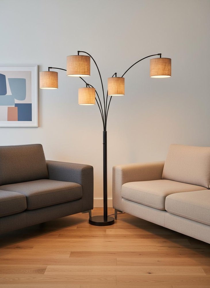 82" Bronze Five Light Tree Floor Lamp With Beige Fabric Drum Shade HomeRoots