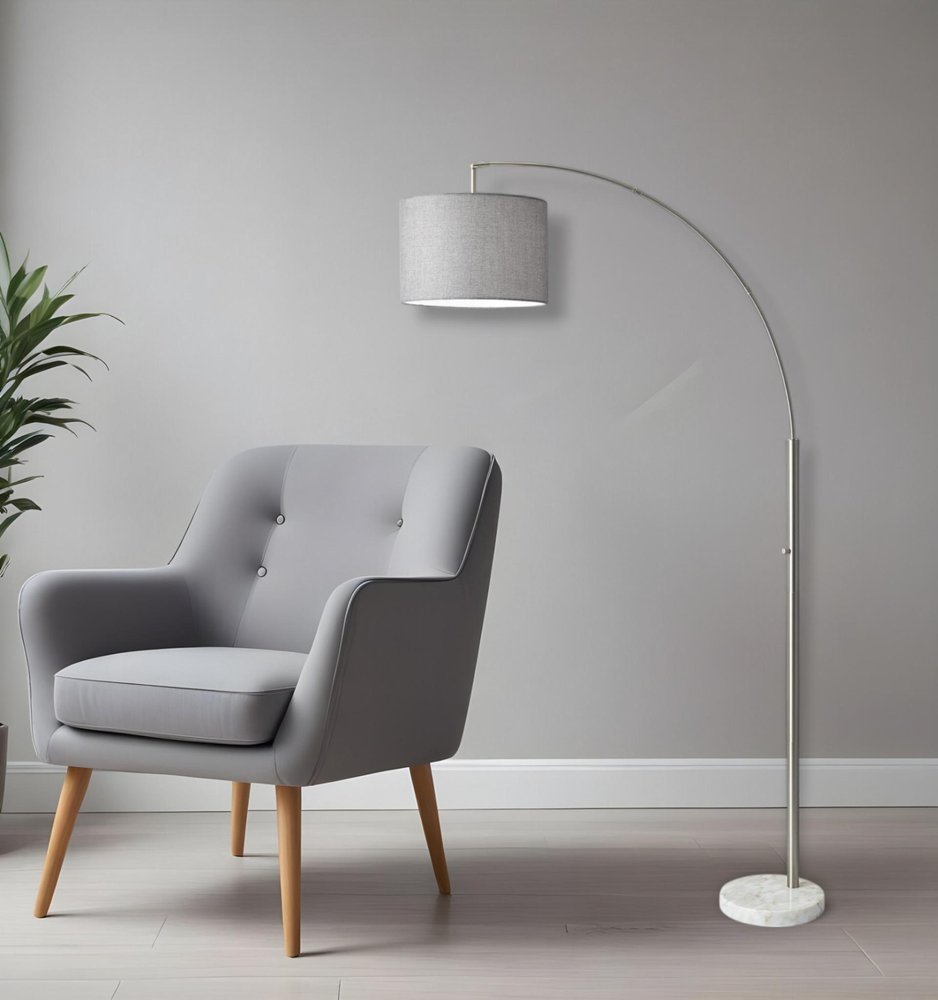 74" Silver Metal Arched Floor Lamp With Gray Linen Drum Shade HomeRoots