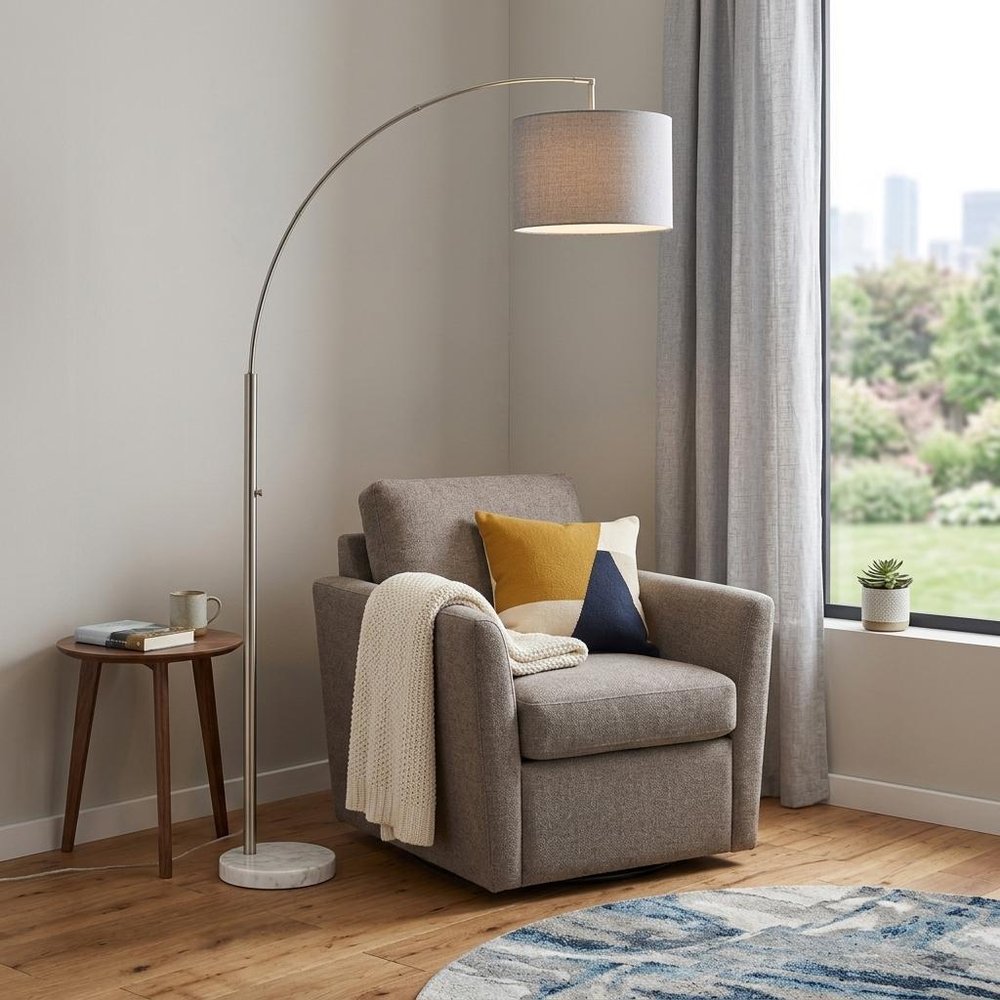74" Silver Metal Arched Floor Lamp With Gray Linen Drum Shade HomeRoots