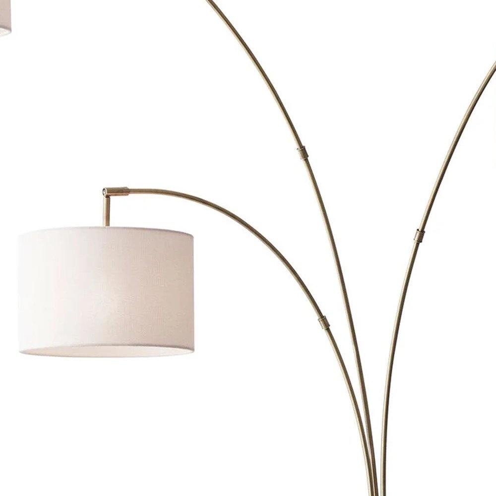 74" Brass Three Light Arc Floor Lamp With Off White Fabric Drum Shade — view 2