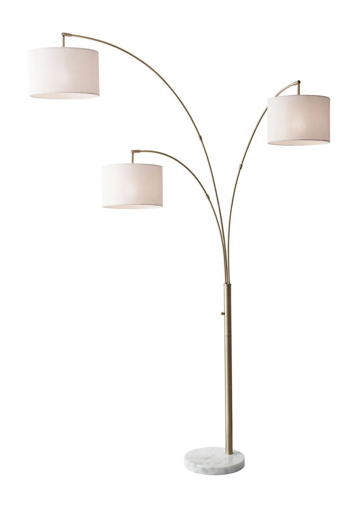 74" Brass Three Light Arc Floor Lamp With Off White Fabric Drum Shade — view 1