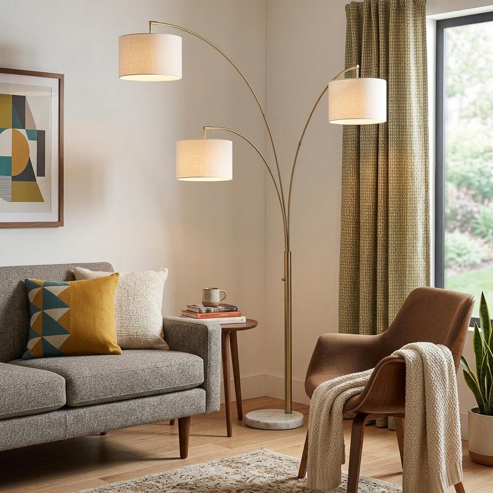 74" Brass Three Light Arc Floor Lamp With Off White Fabric Drum Shade HomeRoots