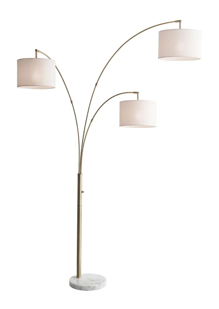 74" Brass Three Light Arc Floor Lamp With Off White Fabric Drum Shade HomeRoots