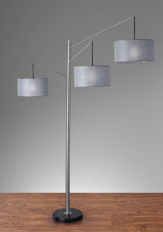 91" Silver Three Light Tree Floor Lamp With Gray Linen Drum Shade