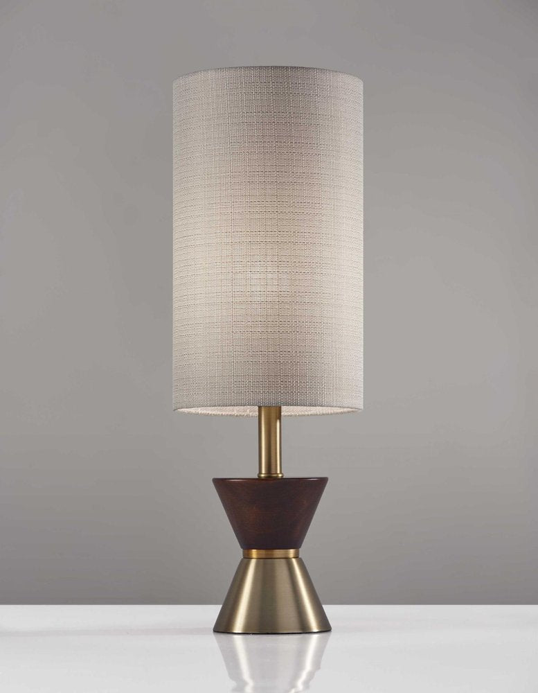 23" Brass Metal And Wood Table Lamp With Beige Drum Shade — view 1