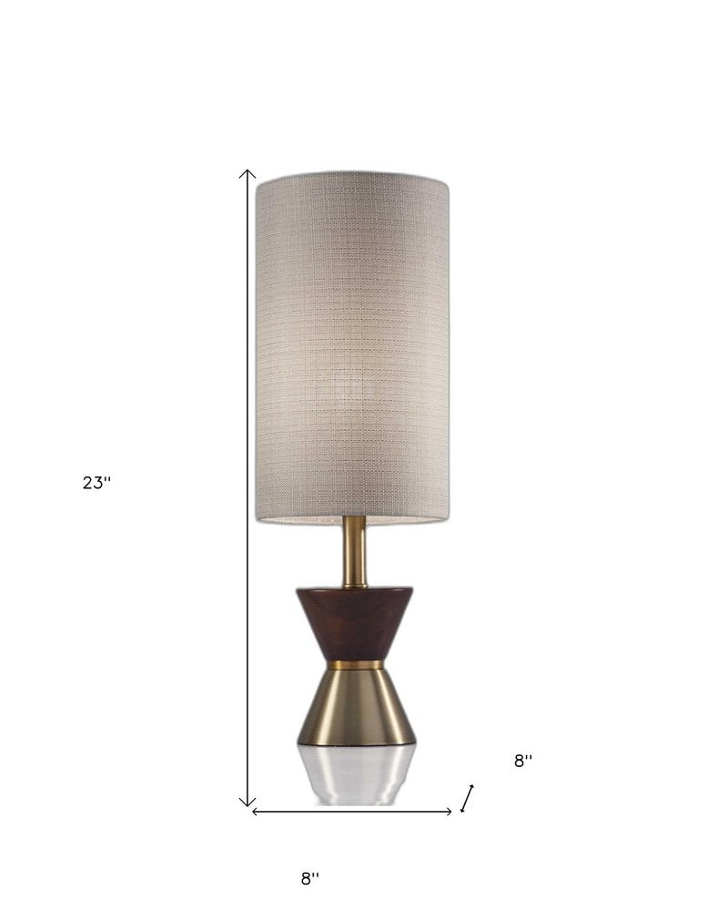 23" Brass Metal And Wood Table Lamp With Beige Drum Shade — view 6