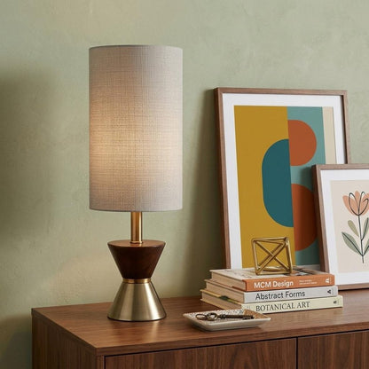 23" Brass Metal And Wood Table Lamp With Beige Drum Shade HomeRoots