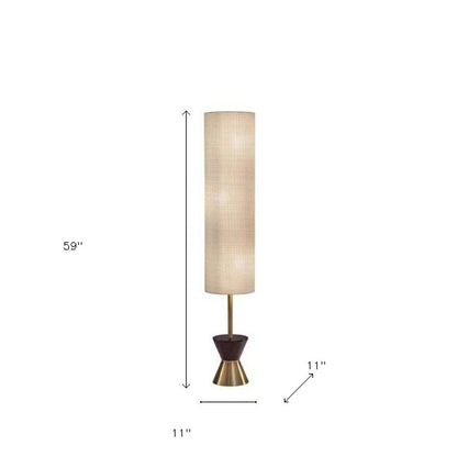 59" Brass Column With Beige Fabric Shade