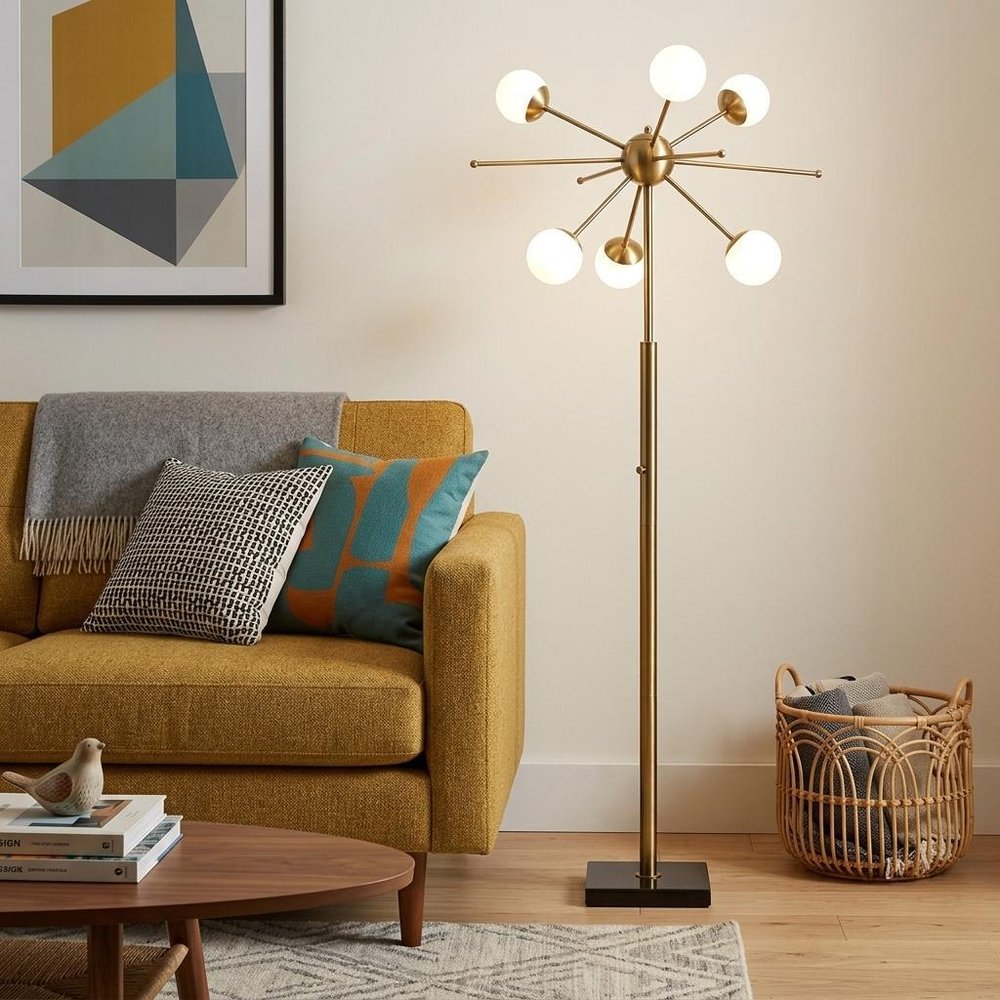 64" Brass Six Light LED Novelty Floor Lamp With White Glass Globe Shades HomeRoots