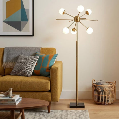 64" Brass Six Light LED Novelty Floor Lamp With White Glass Globe Shades HomeRoots