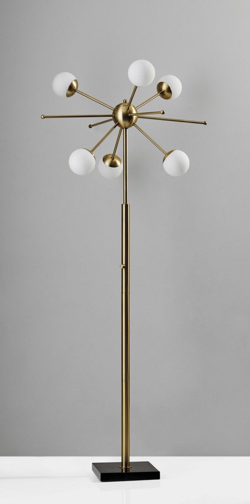 64" Brass Six Light LED Novelty Floor Lamp With White Glass Globe Shades HomeRoots