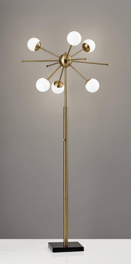 64" Brass Six Light LED Novelty Floor Lamp With White Glass Globe Shades