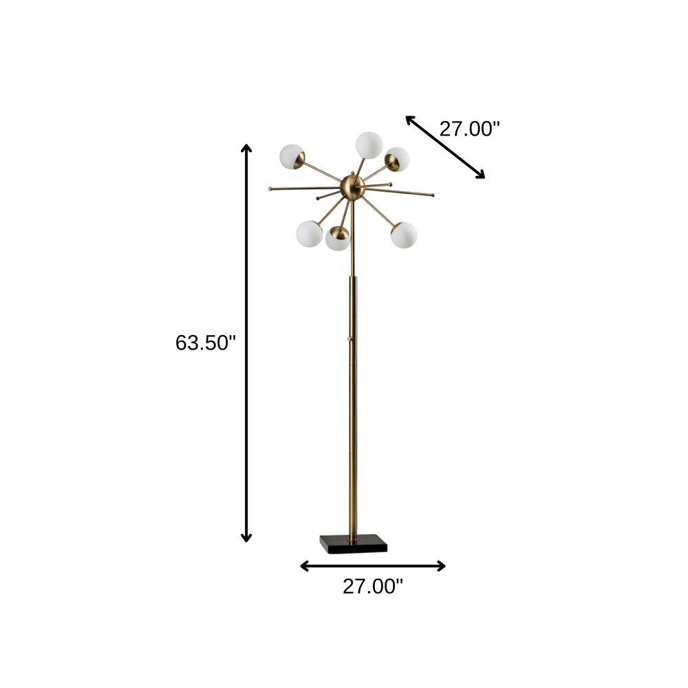 64" Brass Six Light LED Novelty Floor Lamp With White Glass Globe Shades HomeRoots