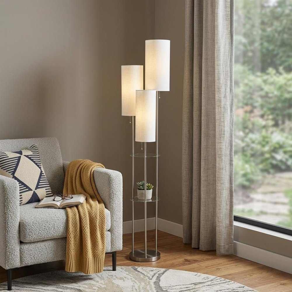 68" Silver Three Light Novelty Floor Lamp With White Linen Cylinder Shade HomeRoots