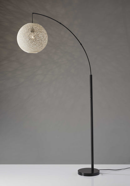 Floor Lamp With Bronze Metal Arc And Groovy Rattan String Ball Shade