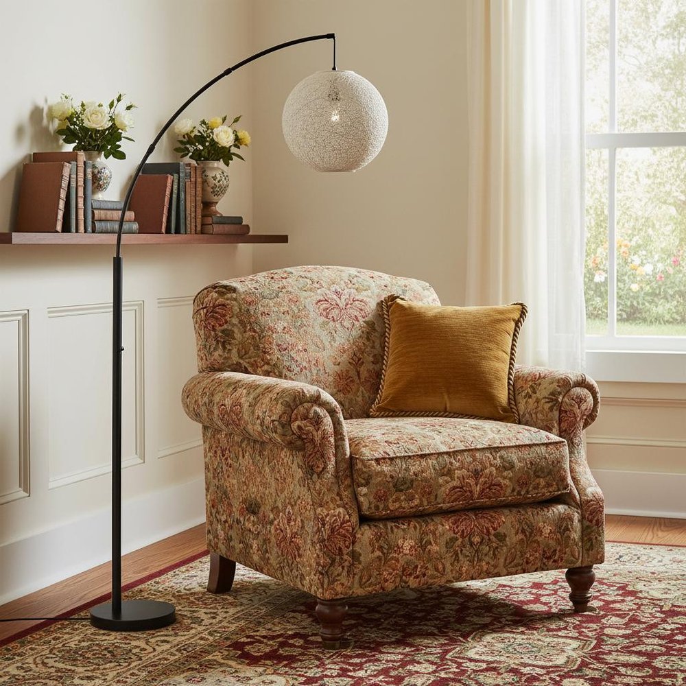 77" Antiqued Bronze Arched Floor Lamp With Groovy Beige Abstract Wicker Globe Shade HomeRoots