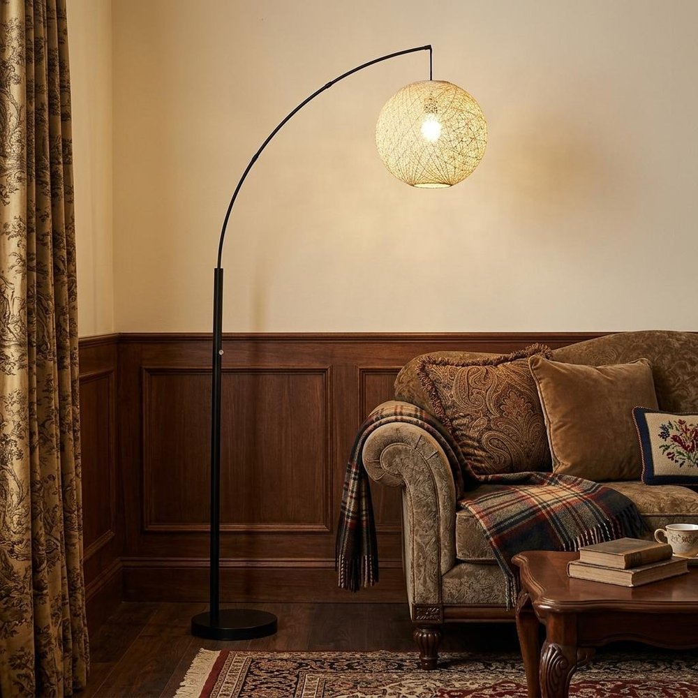 77" Antiqued Bronze Arched Floor Lamp With Groovy Beige Abstract Wicker Globe Shade HomeRoots