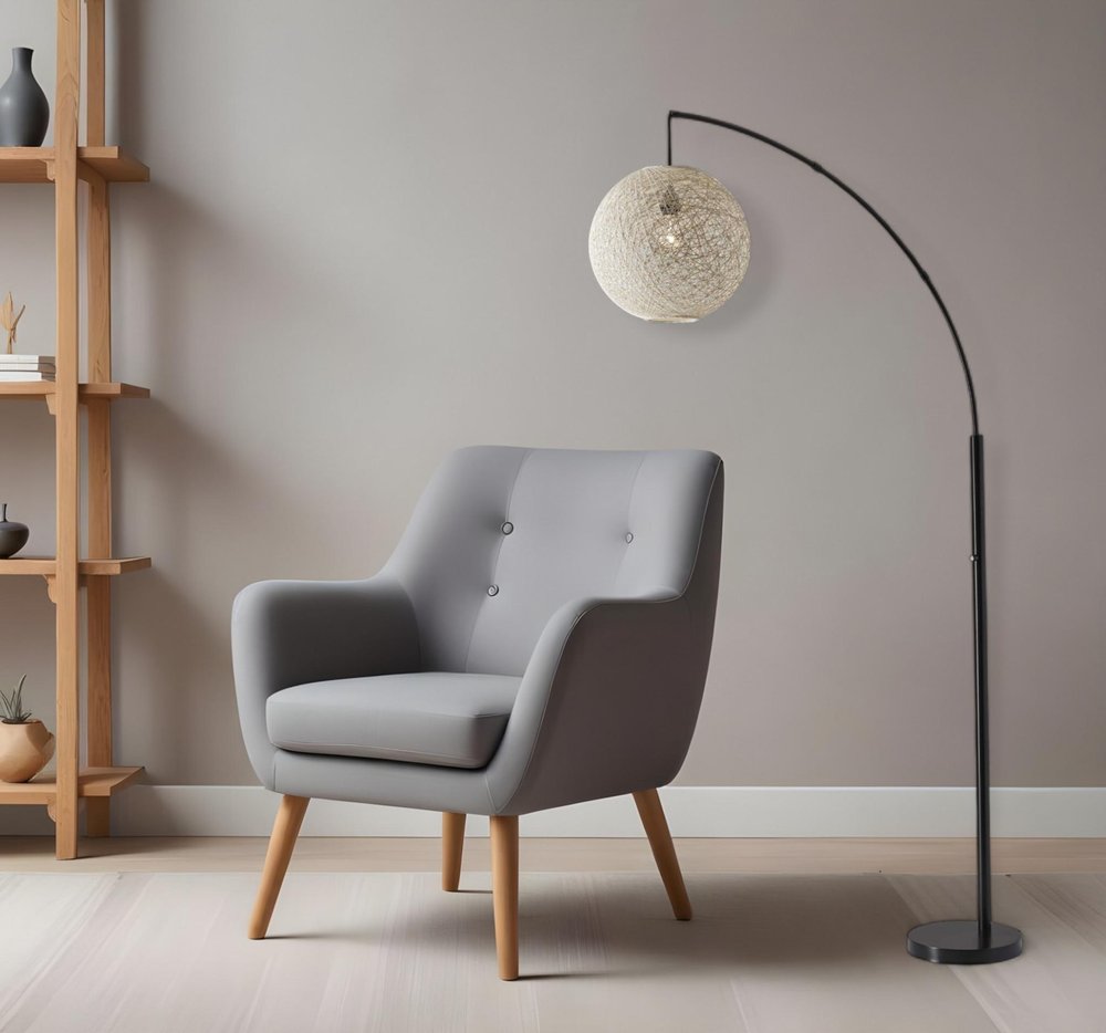 77" Antiqued Bronze Arched Floor Lamp With Groovy Beige Abstract Wicker Globe Shade HomeRoots