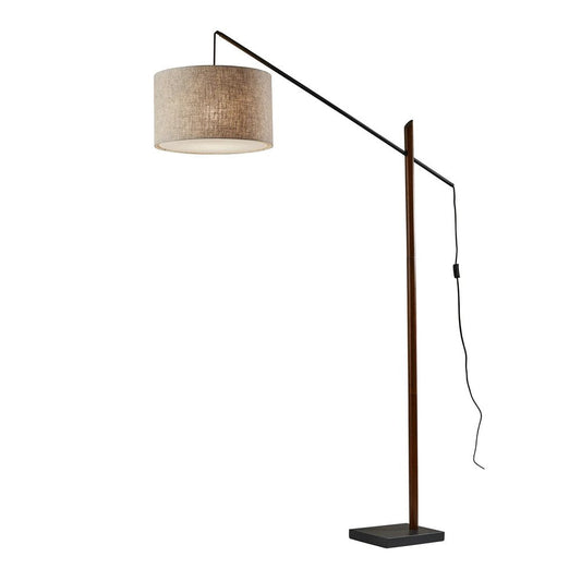 77" Beige And Black Swing Arm Floor Lamp With Beige Fabric Drum Shade