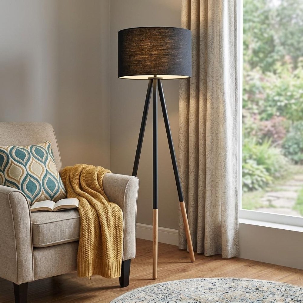 Black Metal Tripod Floor Lamp With Black Fabric Drum Shade HomeRoots