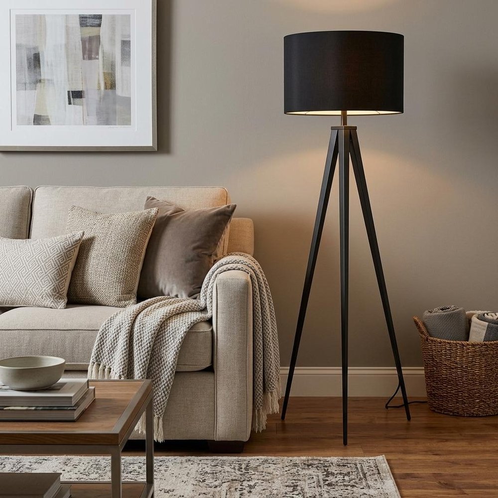 Black Metal Tripod Floor Lamp With Black Fabric Drum Shade HomeRoots