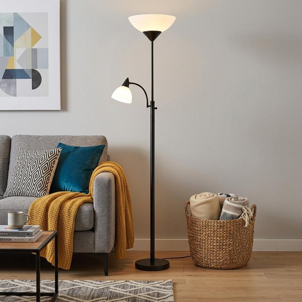71" Two Light Torchiere Floor Lamp With White Acrylic Bowl Shades HomeRoots