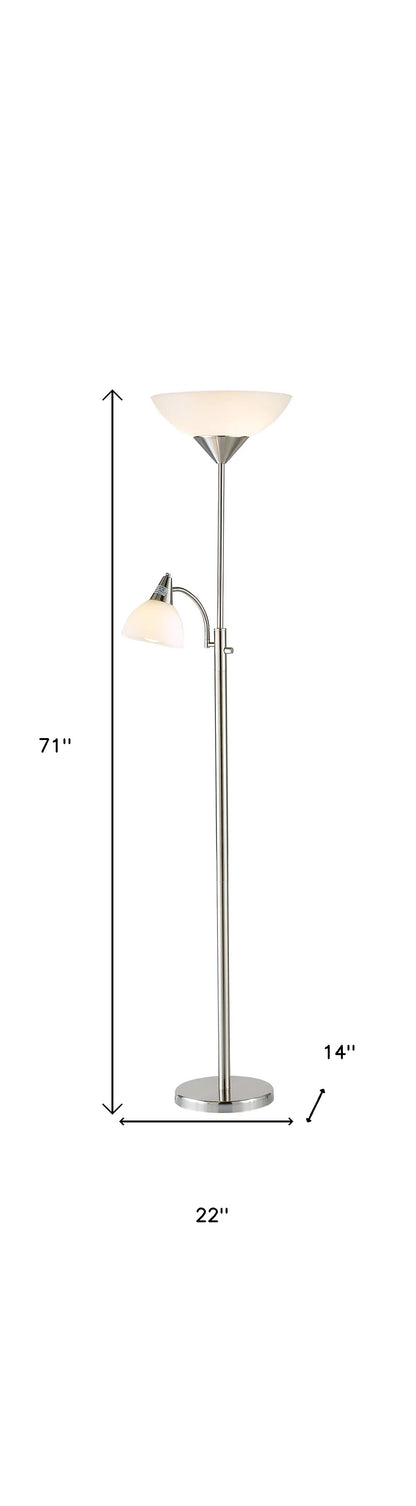 71" Two Light Torchiere Floor Lamp With White Acrylic Bowl Shades