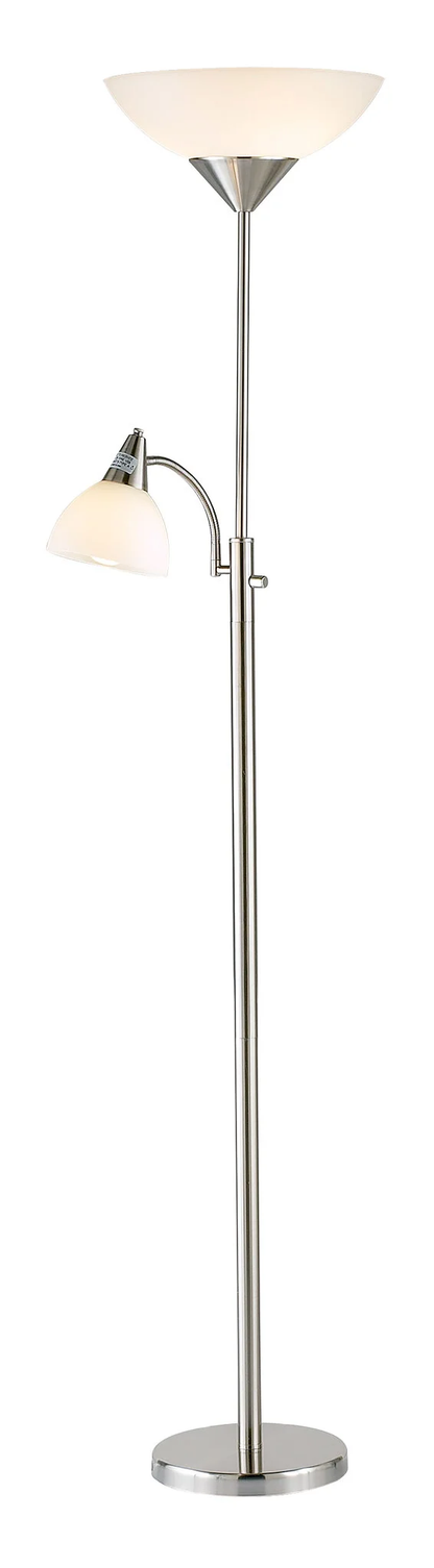 71" Two Light Torchiere Floor Lamp With White Acrylic Bowl Shades