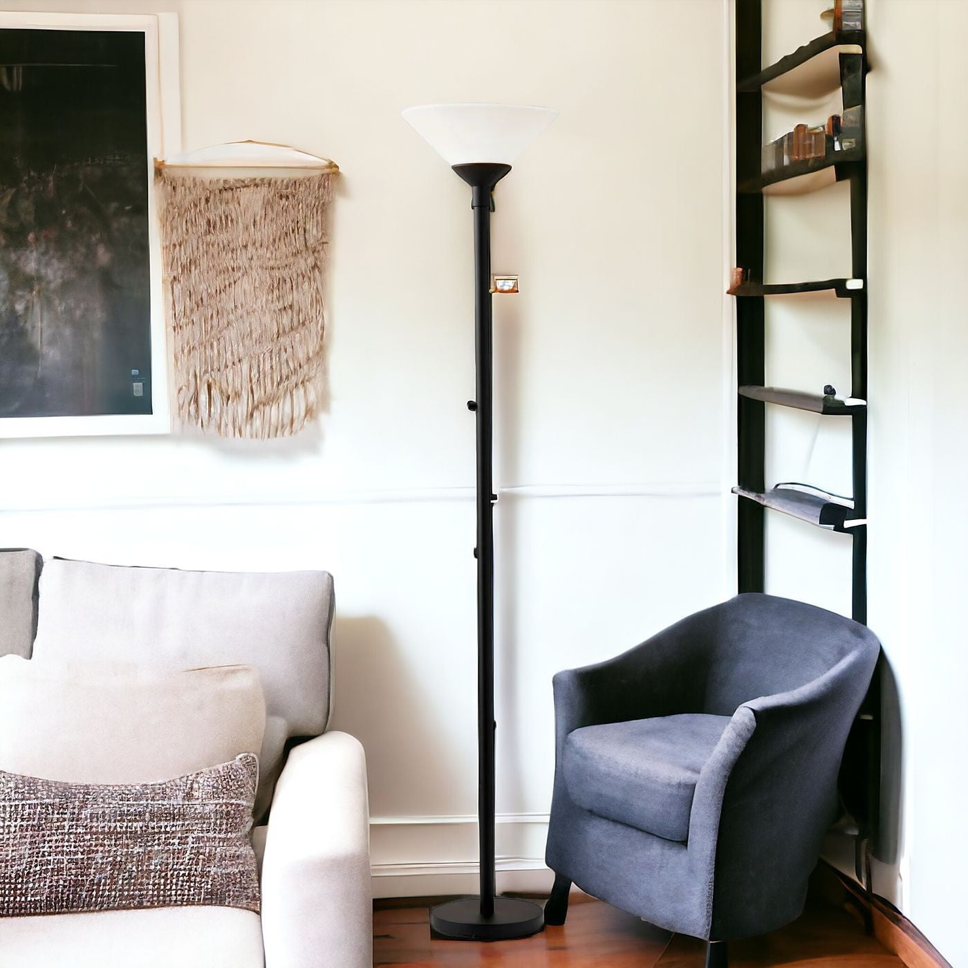 73" Black Torchiere Floor Lamp With White Cone Shade
