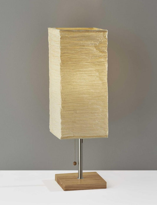 25" Natural Solid Wood And Silver Metal Table Lamp Beige Paper Shade