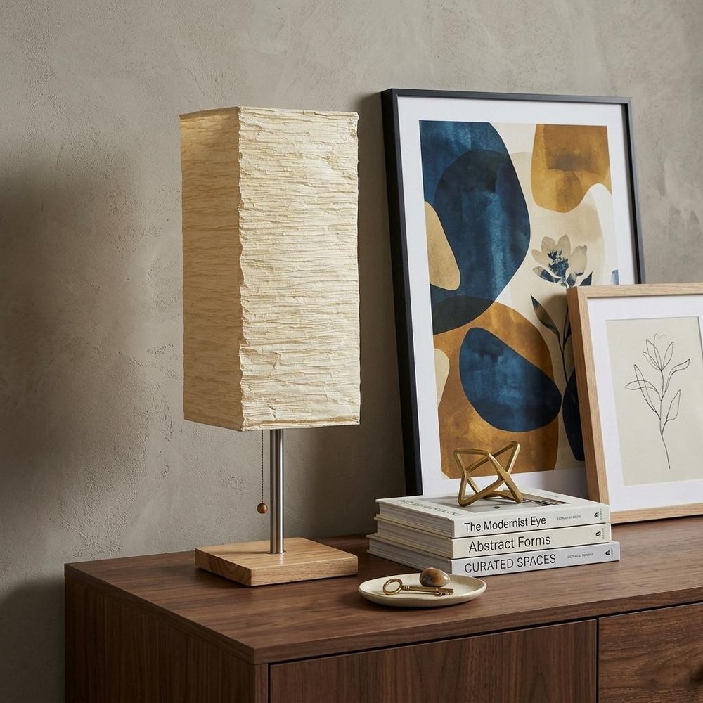 25" Natural Solid Wood And Silver Metal Table Lamp Beige Paper Shade HomeRoots