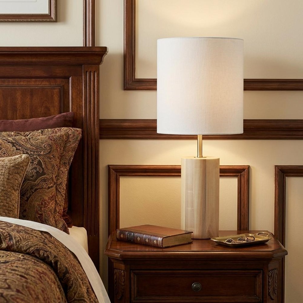 Black Wood Circular Block Table Lamp HomeRoots