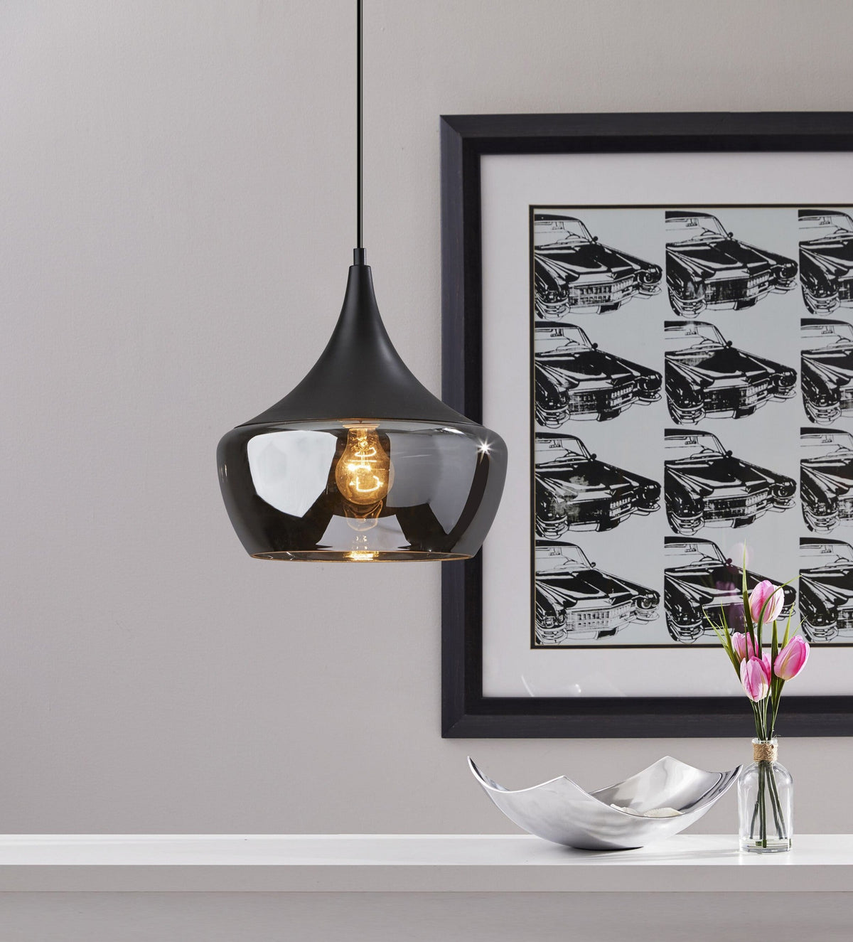 Gnome Smoked Glass Black Metal Pendant Lamp — view 3