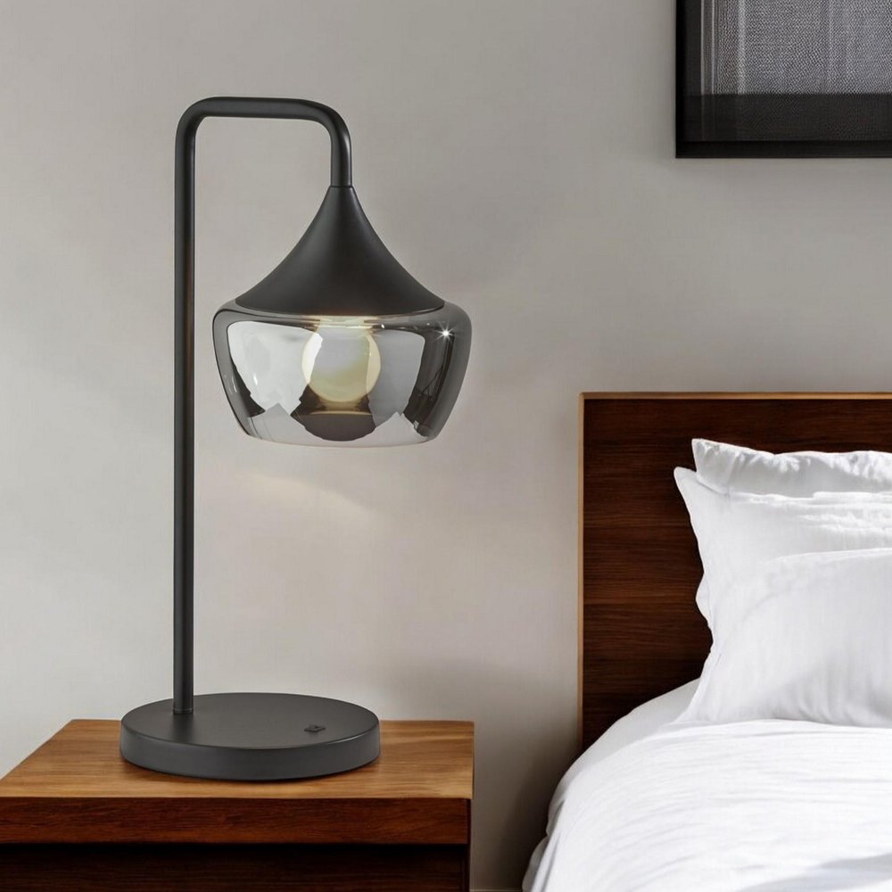20" Black Metal Table Lamp With Black Metal And Smoked Glass Shade HomeRoots