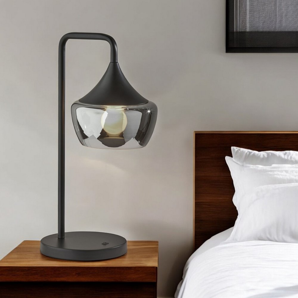 20" Black Metal Table Lamp With Black Metal And Smoked Glass Shade HomeRoots
