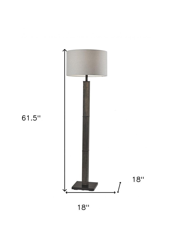 62" Black Wood And Metal Floor Lamp With Light Gray Fabric Drum Shade HomeRoots