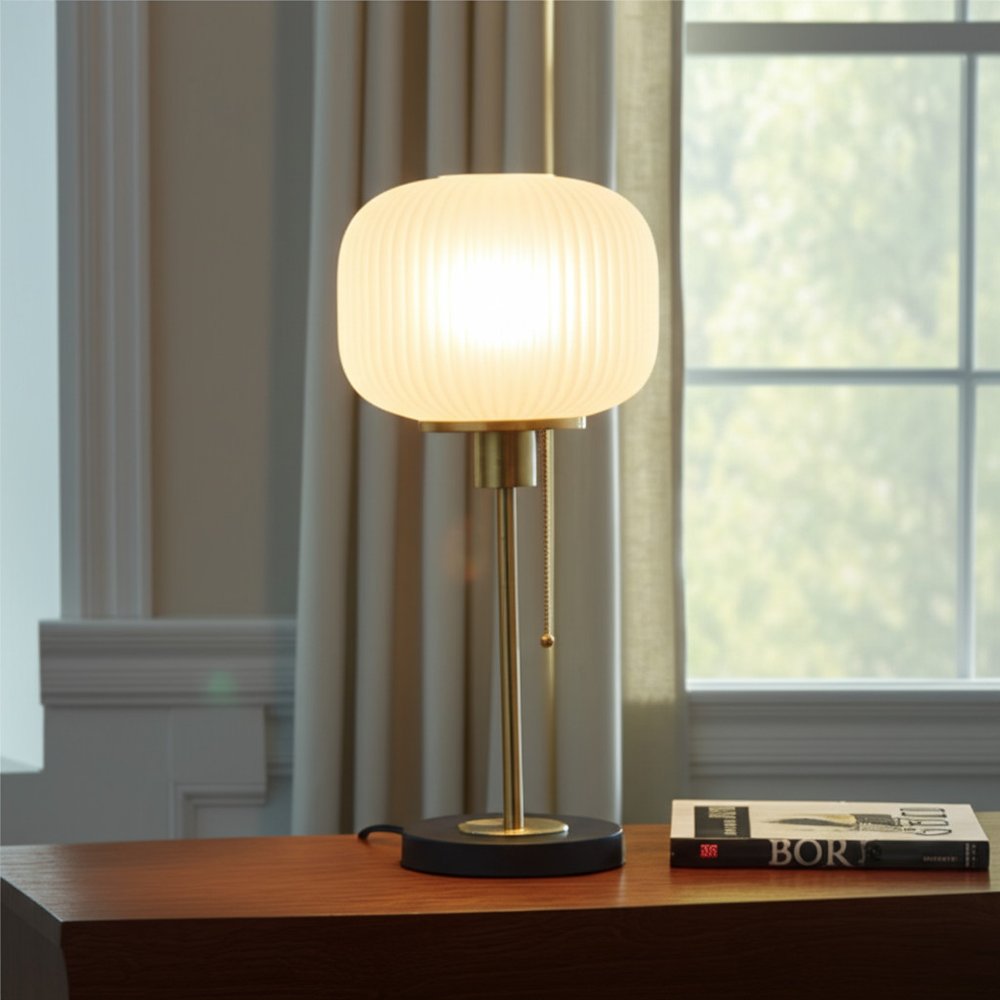 22" Antiqued Brass Table Lamp With White Ribbed Frosted Glass Dome Shade — view 10