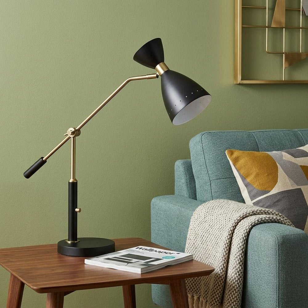 32" Black And Gold Metal Desk Lamp With Cinched Cone Shade HomeRoots