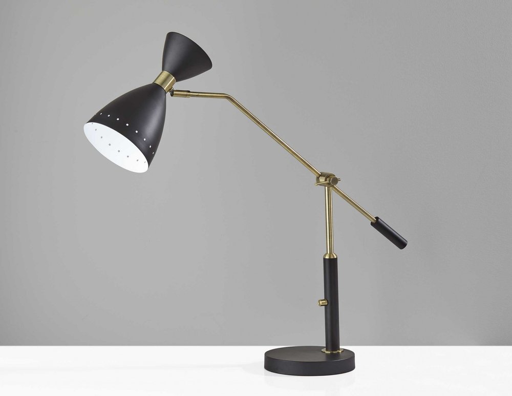 32" Black And Gold Metal Desk Lamp With Cinched Cone Shade — view 1
