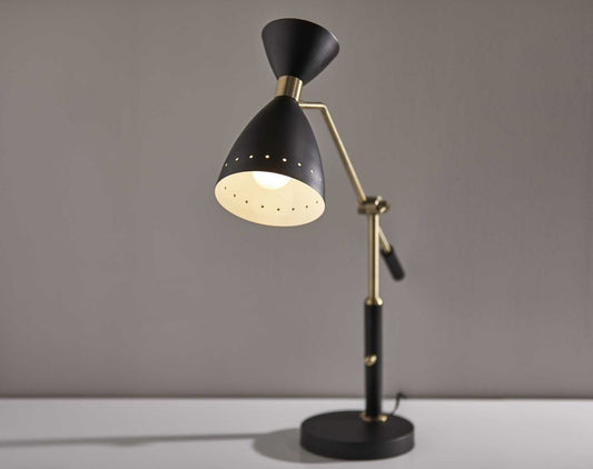 32" Black And Gold Metal Desk Lamp With Cinched Cone Shade