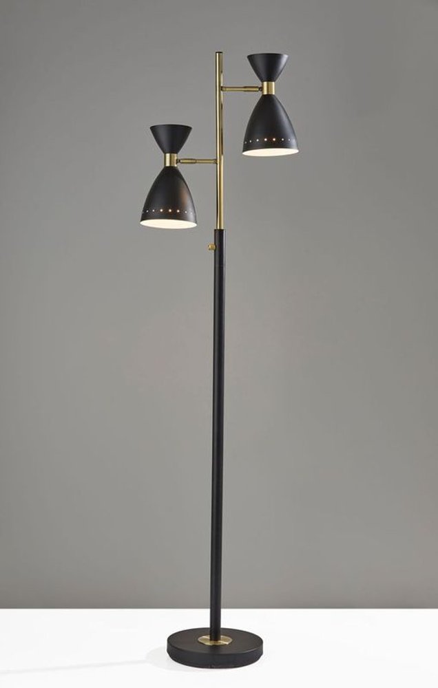68" Black And Gold Metal Two Light Task Floor Lamp With Black Metal Cone Shade HomeRoots