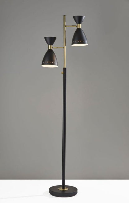 68" Black And Gold Metal Two Light Task Floor Lamp With Black Metal Cone Shade HomeRoots