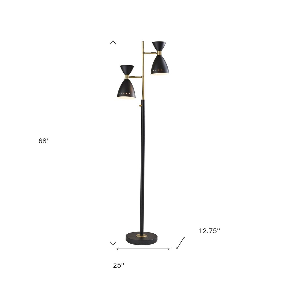 68" Black And Gold Metal Two Light Task Floor Lamp With Black Metal Cone Shade — view 7