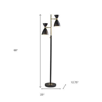 68" Black And Gold Metal Two Light Task Floor Lamp With Black Metal Cone Shade HomeRoots