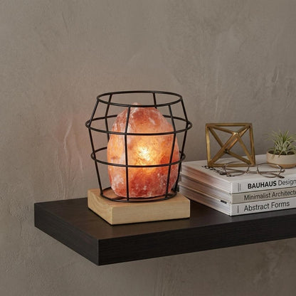 8" Himalayan Salt Accent Lamp With Black Cage Shade HomeRoots
