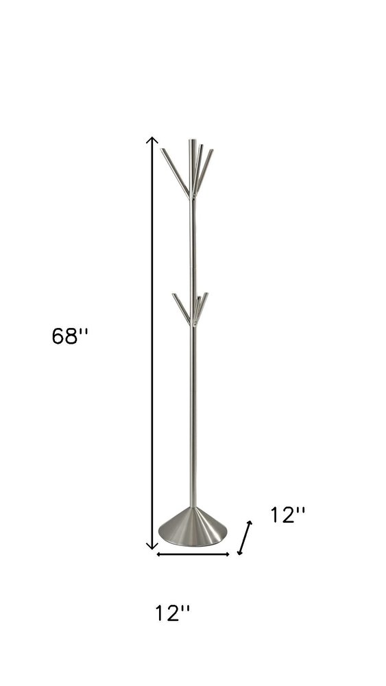 68" Silver Steel Six Hook Freestanding Coat Rack