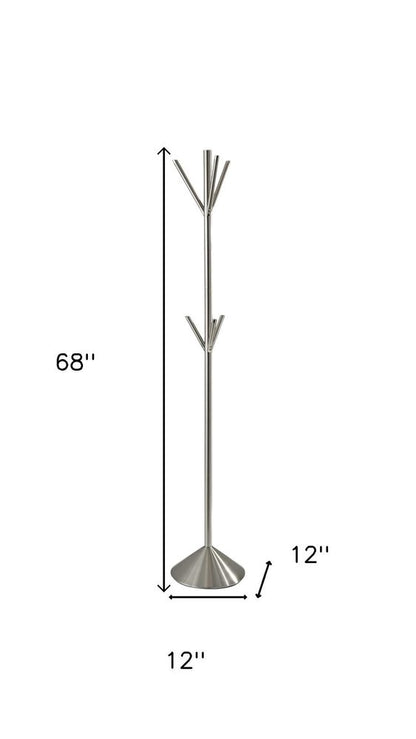 68" Silver Steel Six Hook Freestanding Coat Rack